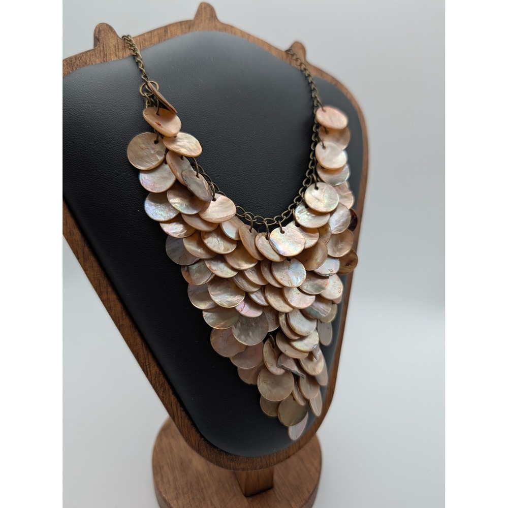 Unsigned Mother of Pearl Shell Bib Necklace Iridescent Peach Statement Brass